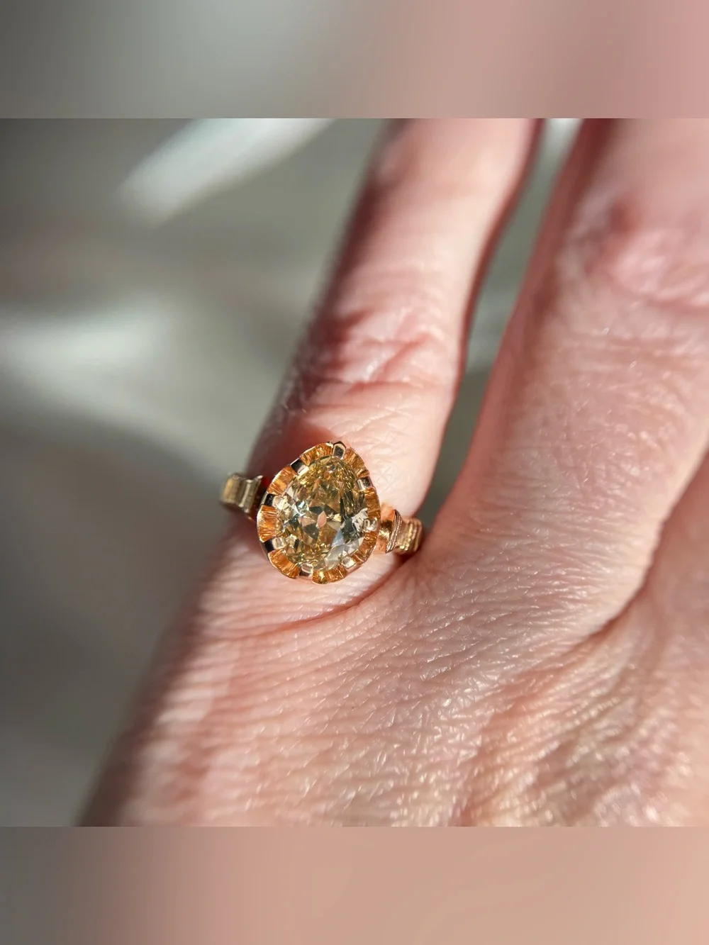 2.14 carat GIA Fancy Yellow-Brown Antique Cut Pear Natural Diamond Ring